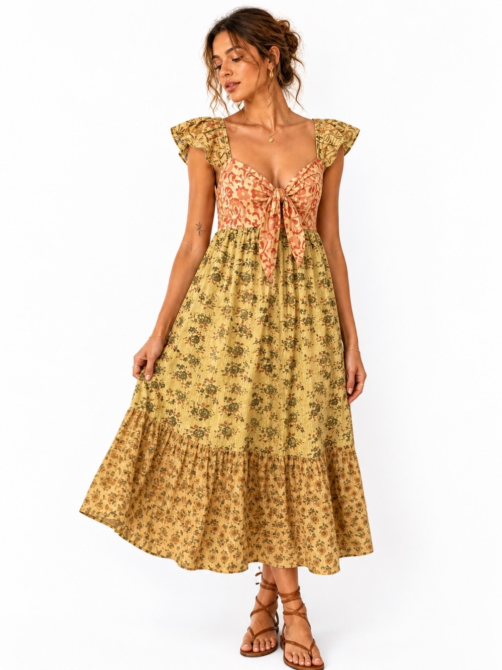 Gypsy Rose Cottagecore Patchwork Floral Tie Front Prairie Dress Ruffle Sleeve
